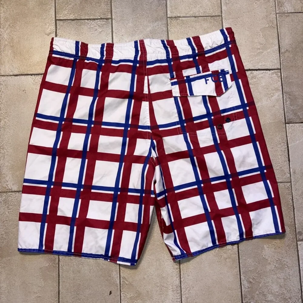 FC Barcelona Board Shorts Mens 36 Plaid Swim Trunks Icon Sports Group Vintage